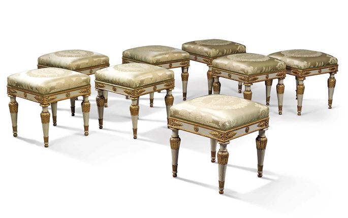 Carlo Randoni - AN IMPORTANT SET OF FOUR OR TWO PAIRS OF NORTH-ITALIAN ROYAL RESTAURATION STOOLS, carved by Giovan Battista Parodi gilded by Agostino Laviosa | MasterArt